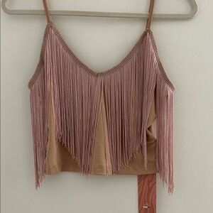 Fringe Detail Tan and Pink Women's Top